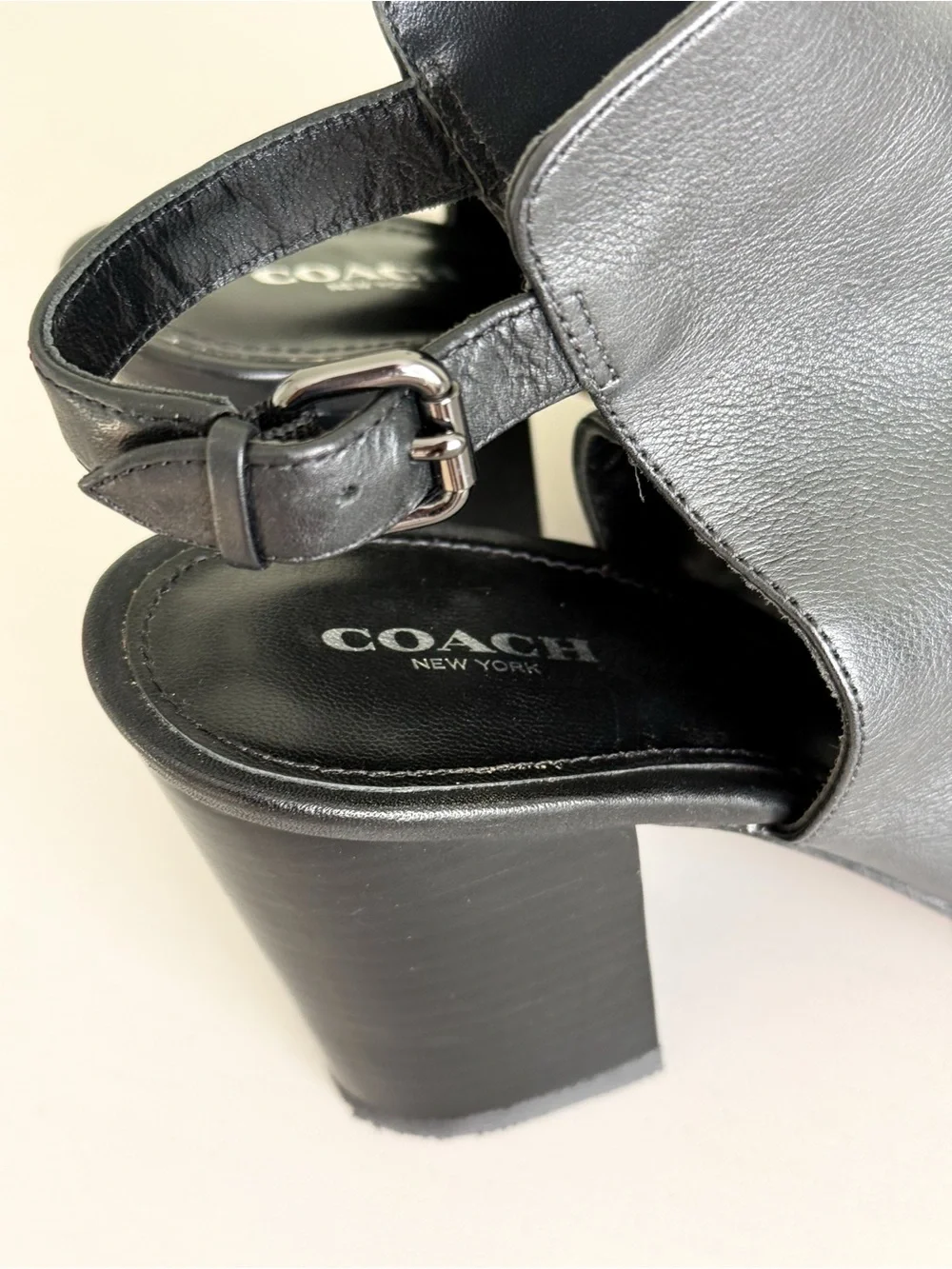 COACH Black Leather Chain-Trim Open-Toe Block Heel Sandals